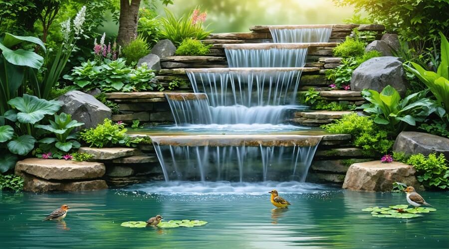 Picture of a serene garden pond with a cascading multi-tiered waterfall, surrounded by lush greenery, with birds perched nearby and small wildlife visible, creating a tranquil outdoor retreat.