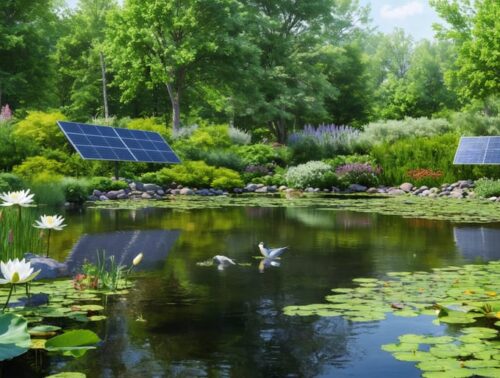A picturesque pond ecosystem with water lilies and native plants, featuring solar panels and a rain garden to demonstrate sustainability.
