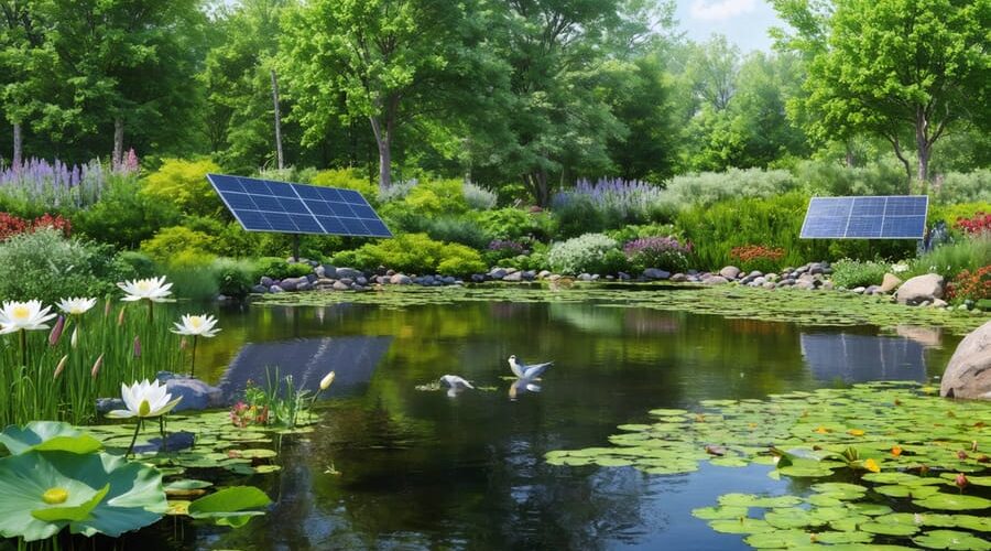 A picturesque pond ecosystem with water lilies and native plants, featuring solar panels and a rain garden to demonstrate sustainability.