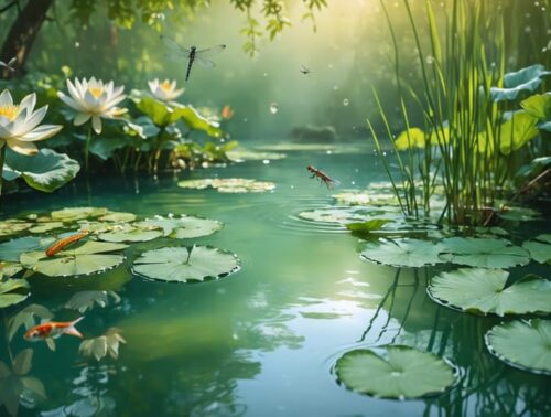 A balanced pond ecosystem showcasing water lilies, submerged aquatic plants, and dragonflies, symbolizing the natural harmony essential for a thriving pond.