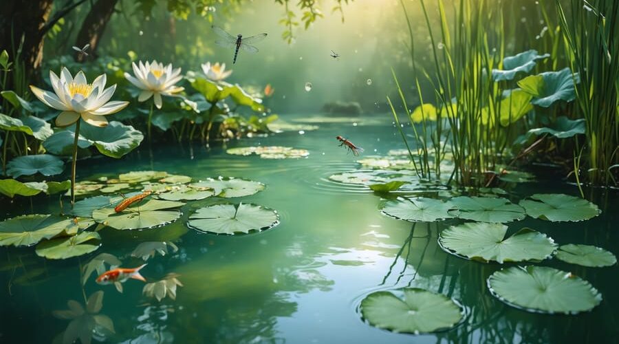 A balanced pond ecosystem showcasing water lilies, submerged aquatic plants, and dragonflies, symbolizing the natural harmony essential for a thriving pond.