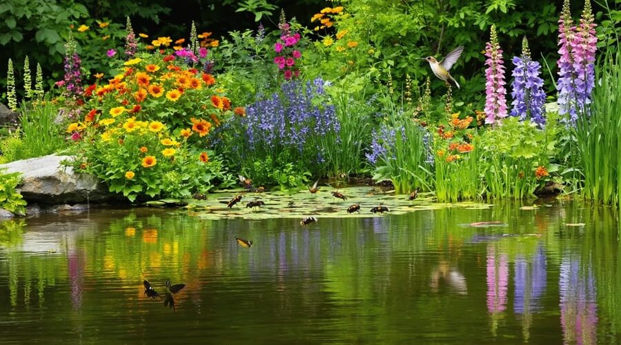 A vibrant water garden with diverse flowering plants, visited by honeybees, butterflies, and a hummingbird actively pollinating around the pond.