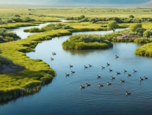 Aerial view of a tranquil pond transformed into a waterfowl sanctuary with varying water depths and distinct vegetation zones, inspired by Utah's wetland management areas.