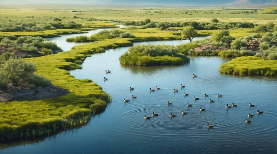 Aerial view of a tranquil pond transformed into a waterfowl sanctuary with varying water depths and distinct vegetation zones, inspired by Utah's wetland management areas.