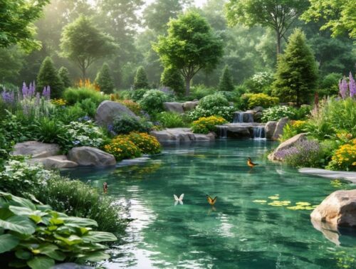 A lush, multi-layered garden featuring diverse plant heights surrounding a tranquil pond, with visible wildlife like birds and butterflies among the foliage.