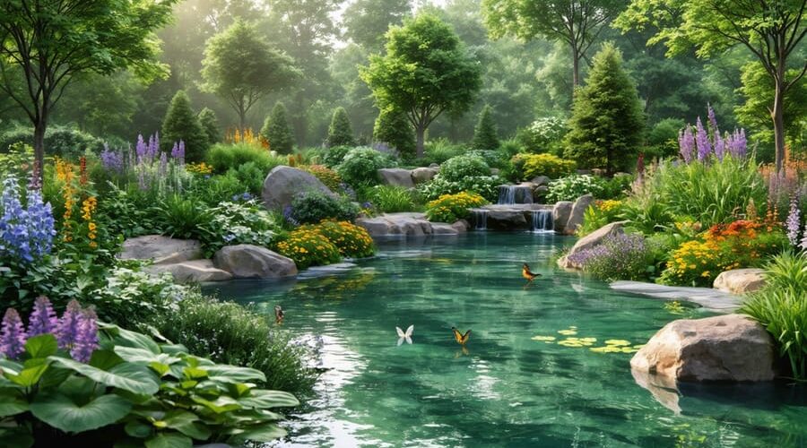 A lush, multi-layered garden featuring diverse plant heights surrounding a tranquil pond, with visible wildlife like birds and butterflies among the foliage.