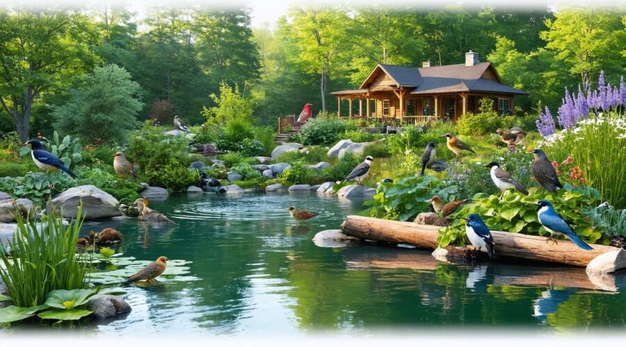 A vivid depiction of a dynamic pond ecosystem with abundant wildlife, native plants, strategically placed natural elements, and diverse animal inhabitants in a year-round sanctuary.
