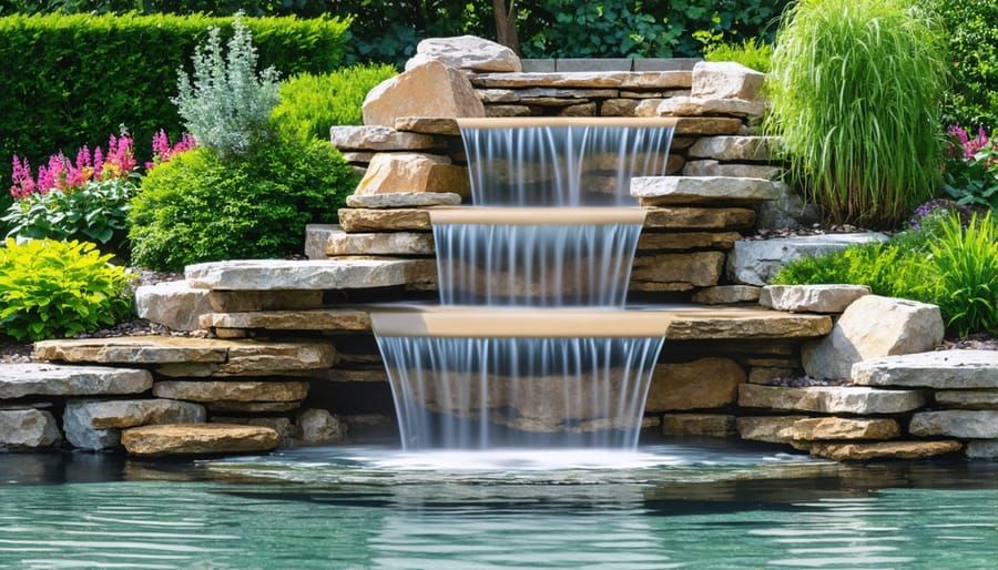 Cascading waterfall with multiple levels flowing over natural stone into a peaceful garden pond