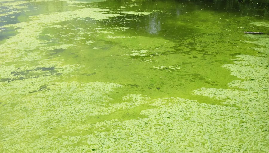 Bright green algal bloom covering the surface of pond water