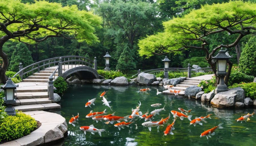 Serene Japanese garden pond featuring red wooden bridge, stone lanterns, and autumn maples