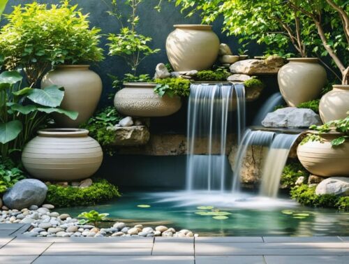 "A serene backyard setting featuring a DIY water feature with cascading ceramic pots and a stone fountain, surrounded by lush greenery and dappled sunlight."