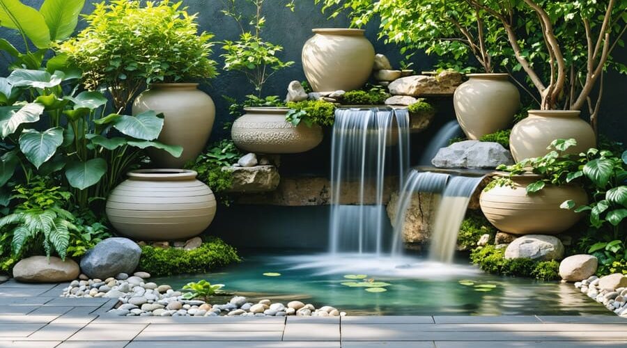 "A serene backyard setting featuring a DIY water feature with cascading ceramic pots and a stone fountain, surrounded by lush greenery and dappled sunlight."