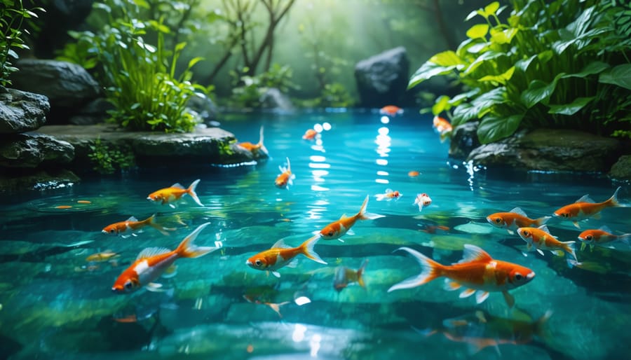Garden pond at night with blue LED underwater lights highlighting koi fish and water lilies