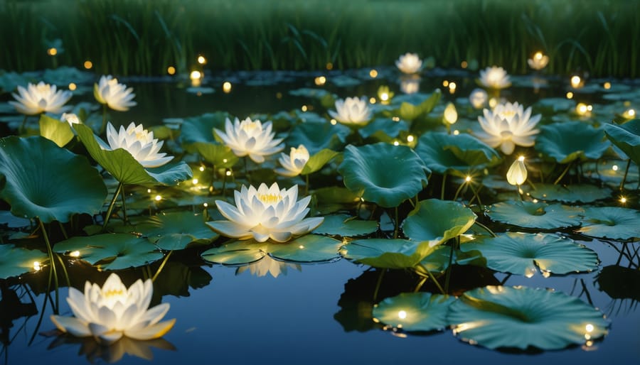 Illuminated water garden at night showing underwater lights highlighting aquatic plants
