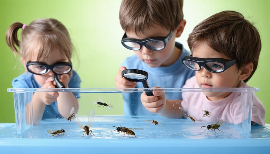Kids engaged in pond wildlife observation activity using safe collection methods
