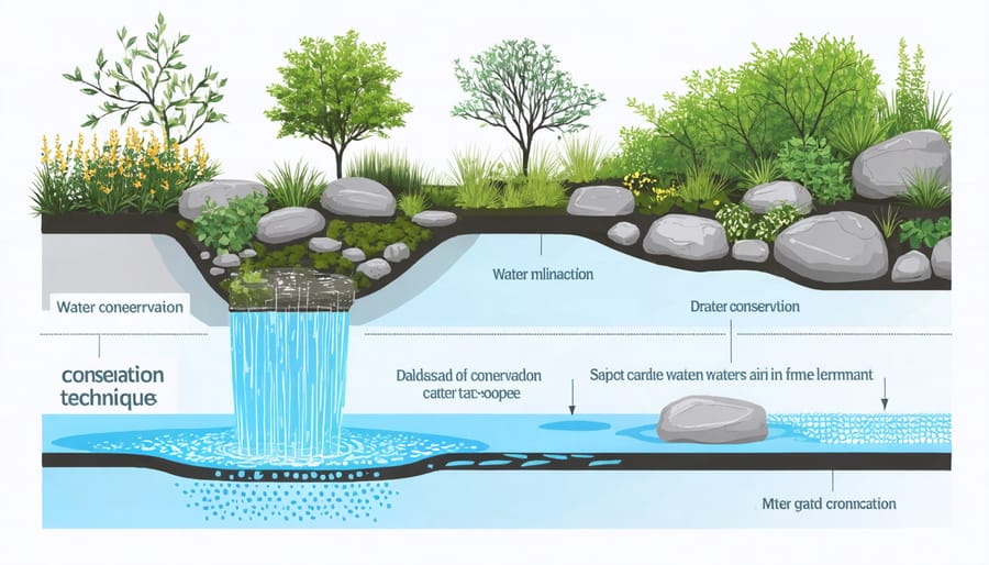 Infographic illustrating various water conservation methods including rainwater harvesting and circulation systems
