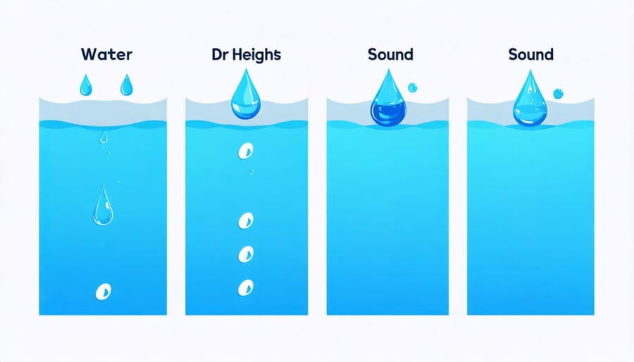 Technical illustration demonstrating how various waterfall heights affect sound intensity and character