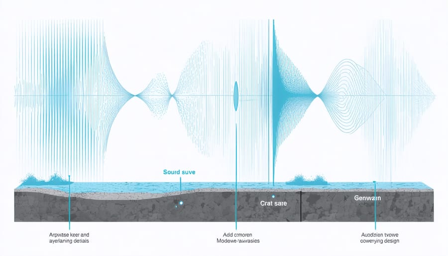 Illustration of sound wave patterns from various water feature designs including cascading waterfalls and fountains