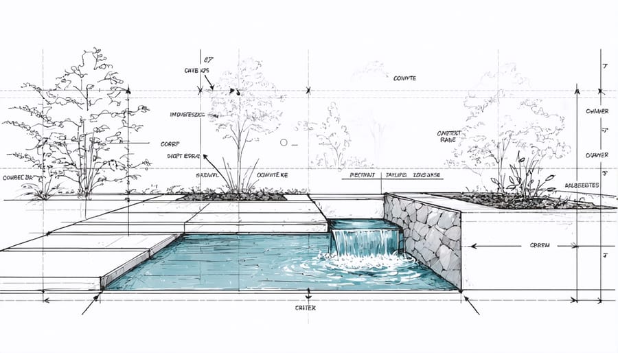 Detailed blueprint sketch of a backyard water feature design with annotations