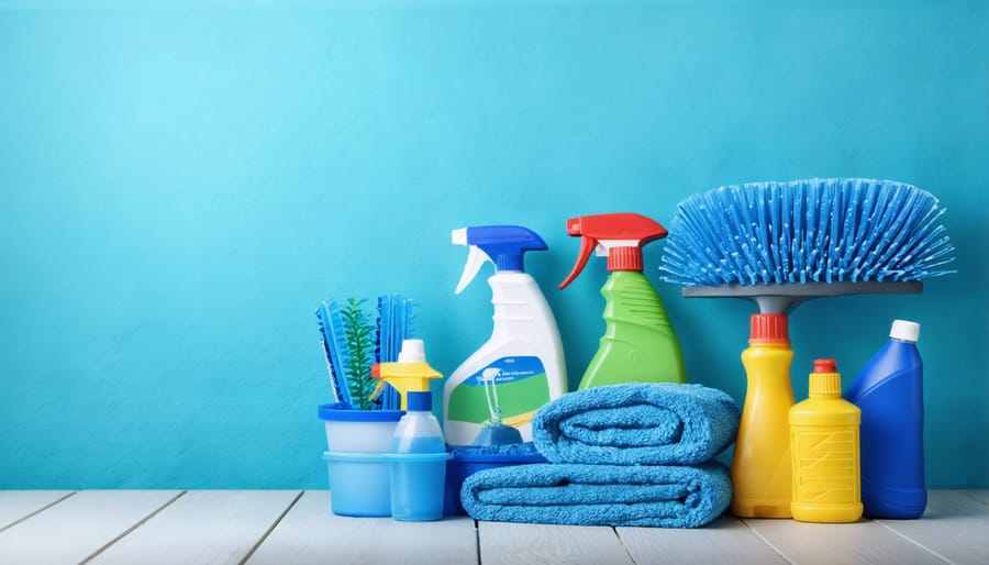 Organized display of essential water feature maintenance tools and chemicals