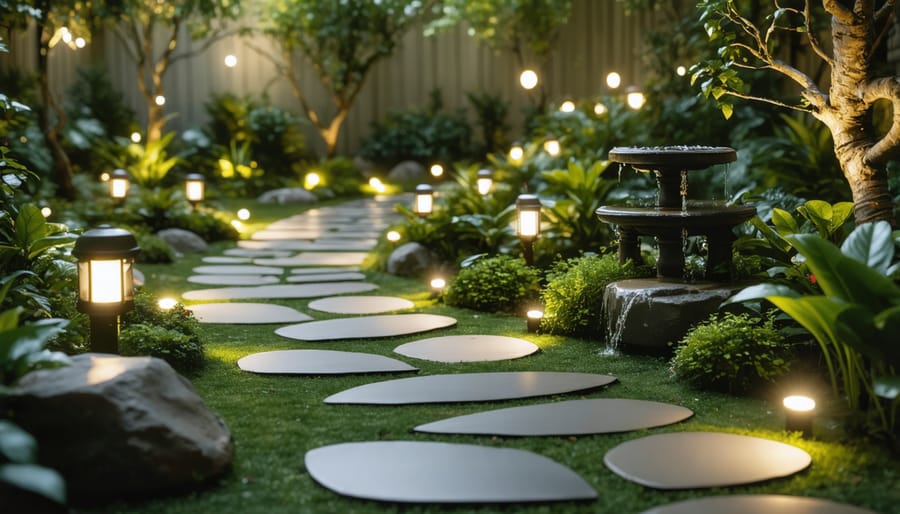 Curved garden path with border lights leading to an illuminated fountain