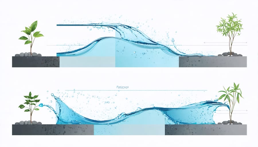 Technical illustration of water flow patterns in various water feature configurations