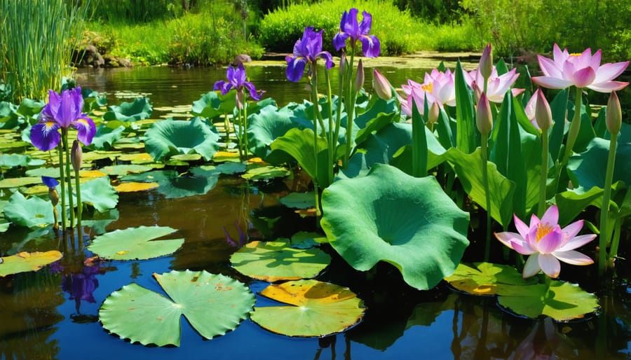 Vibrant water garden showcasing complementary colors with flowering aquatic plants