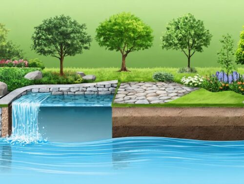 Conceptual illustration showing a water garden with a cross-section view of groundwater interacting with a pond structure, highlighting high water table effects and the role of drainage solutions like French drains.