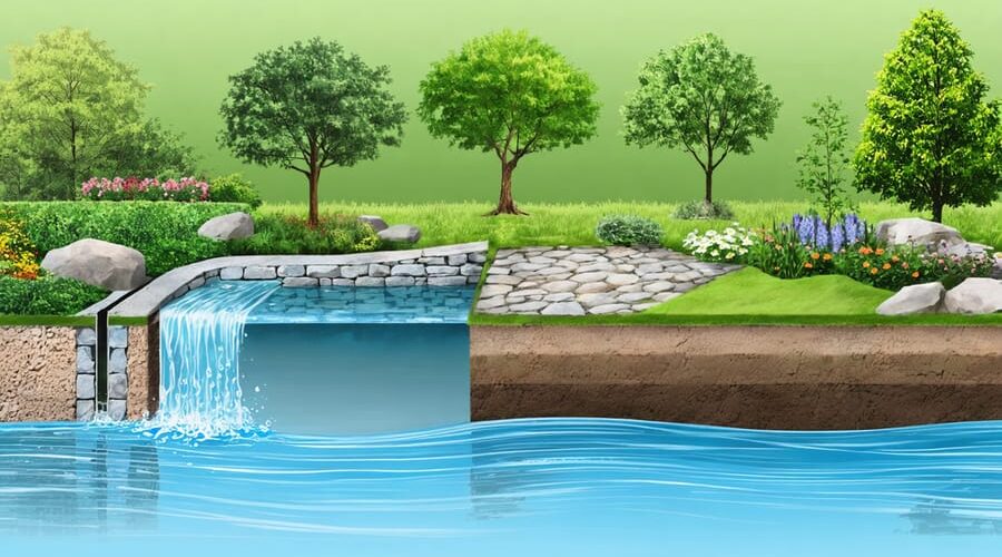 Conceptual illustration showing a water garden with a cross-section view of groundwater interacting with a pond structure, highlighting high water table effects and the role of drainage solutions like French drains.