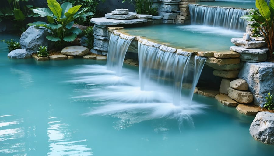 Close-up of water garden highlighting textural contrast between water and stone