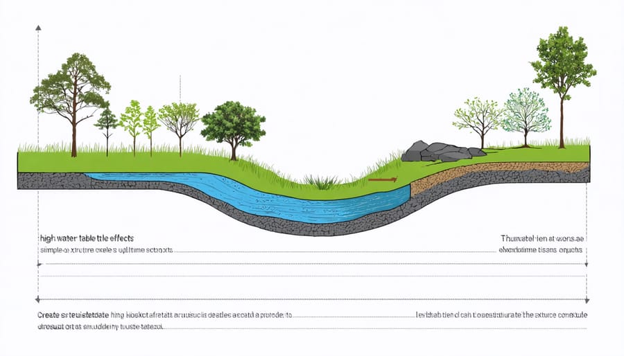 Diagram illustrating how high groundwater levels interact with pond construction
