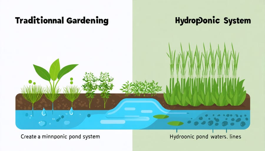 Bar graph comparing water consumption: traditional garden vs hydroponic pond system