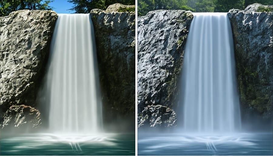 Comparison showing three waterfall designs with varying heights and their distinct water flow patterns