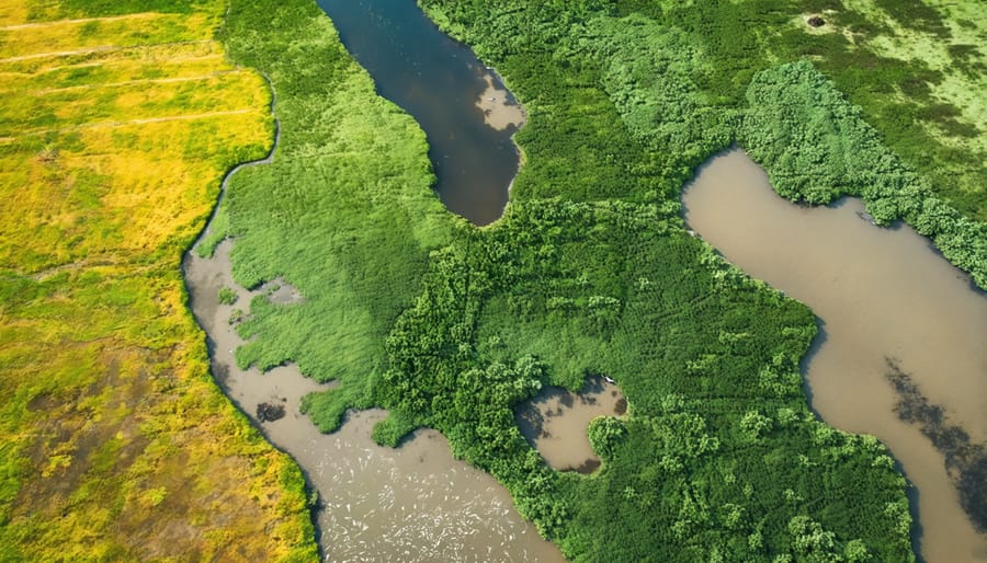 Bird's eye view of a waterfowl habitat featuring varied water depths and diverse plant life