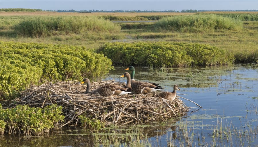 Duck nesting habitat with dense vegetation and protective cover for breeding pairs
