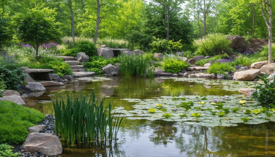 Example of a wildlife-friendly pond with various habitat zones and natural features