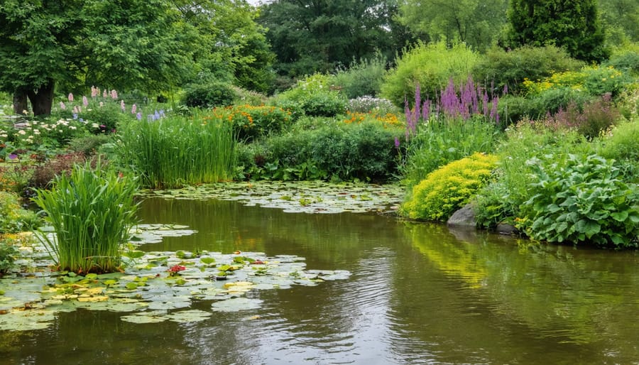 Wildlife-friendly pond landscape with various aquatic and marginal plants providing natural habitat