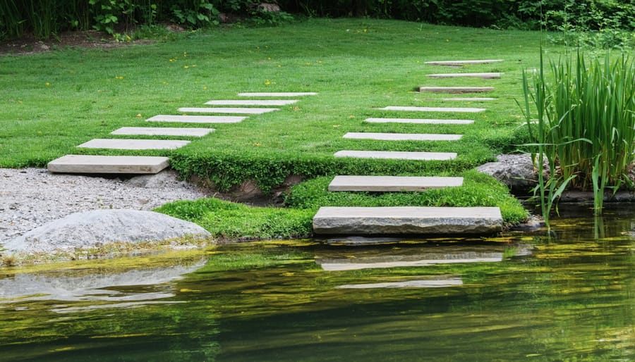 Wildlife-friendly pond margin with shallow entry points and protective vegetation