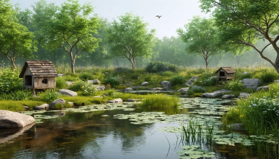 Natural pond edge with diverse vegetation, bird houses, and gradual slopes for wildlife access