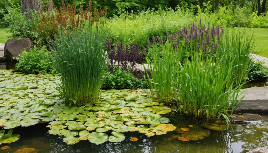 Display of native Wisconsin water plants including water lilies, rushes, and sedges in a controlled garden environment