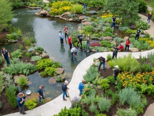 An aerial view of community and university members working side-by-side in a Wisconsin water garden, featuring lush native plants and eco-friendly water management systems.