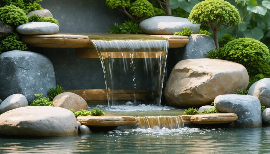 Small cascading waterfall with arranged stones creating peaceful water sounds