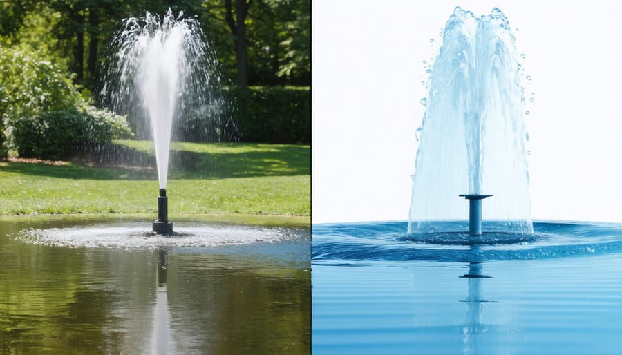 Side-by-side comparison of surface fountain aerator and bottom diffuser aeration systems in a large pond