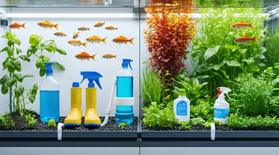 A conceptual representation of a thriving aquaponics system with a focus on biosecurity, showcasing protective gear and healthy aquatic life.