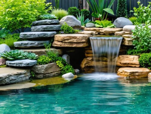 A beautifully aquascaped backyard pond featuring vibrant aquatic plants, strategically placed rocks, and a gentle waterfall, illustrating harmony between nature and artistry.
