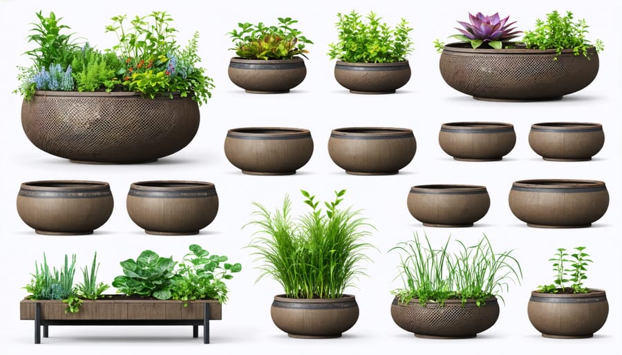 Collection of aquatic plant baskets, containers, and pots designed for water gardens
