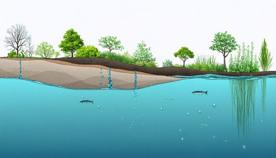 Illustrated diagram of water feature zones including marginal, shallow, and deep water plant areas