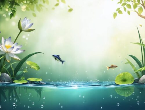 Artistic depiction of a backyard bio pond featuring various aquatic plants like water lilies and irises, with fish and beneficial microorganisms contributing to a self-sustaining ecosystem.