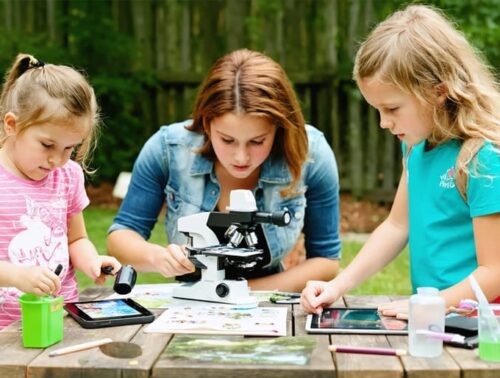Participants of various ages engaging in a backyard wildlife identification workshop with interactive learning stations, field guides, and digital tools surrounded by natural elements like trees, water, and local fauna.