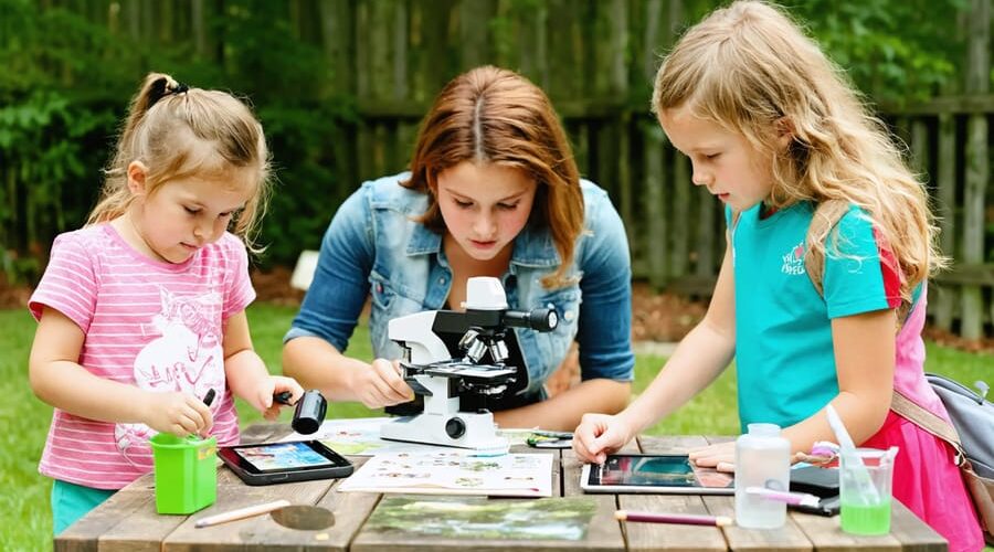 Participants of various ages engaging in a backyard wildlife identification workshop with interactive learning stations, field guides, and digital tools surrounded by natural elements like trees, water, and local fauna.